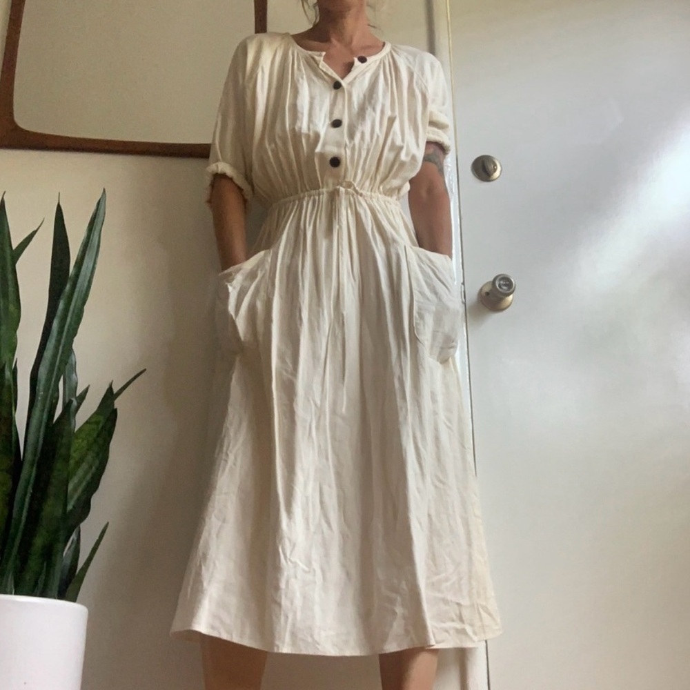Zara Ecru Off White Cream Button Up Down Drawstring Pocket Linen Midi Dress - Picture 5 of 13